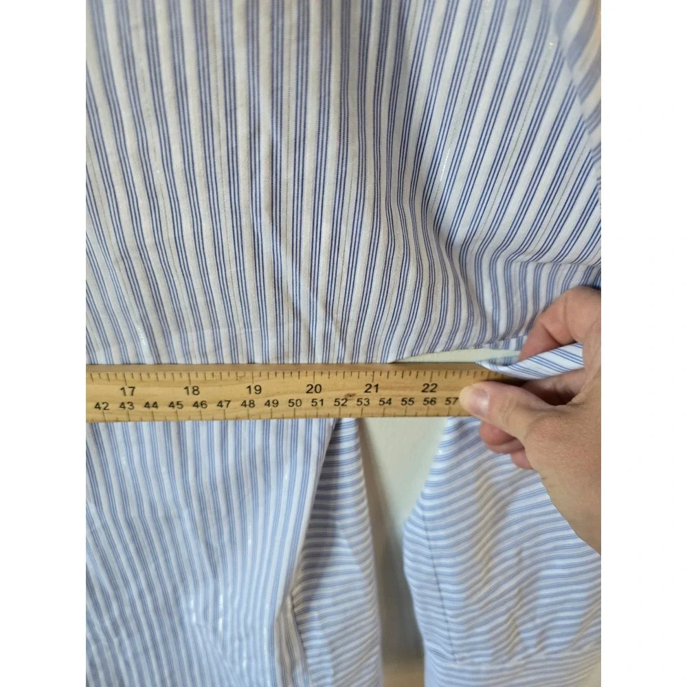 Lafayette 148 New York Blue White Striped Metallic Cotton Button Down Shirt M - Picture 4 of 7